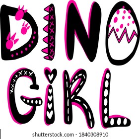 Girl dinosaur. Hand drawing illustration with girl dino . Pink color.  For print, baby clothes, t shirt, child or wrapping  paper. Creative girlish original design 