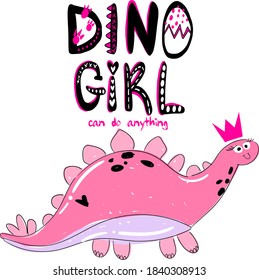 Girl dinosaur. Hand drawing illustration with girl dino . Pink color.  For print, baby clothes, t shirt, child or wrapping  paper. Creative girlish original design 