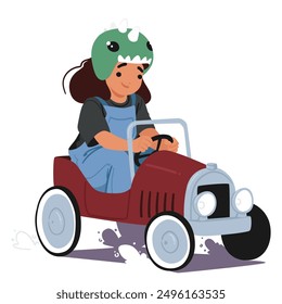 Girl In A Dinosaur Helmet Rides A Vintage Pedal Car. Little Kid Character Showcasing A Blend Of Old-fashioned Charm And Youthful Exuberance In A Fun Outdoor Scene. Cartoon People Vector Illustration