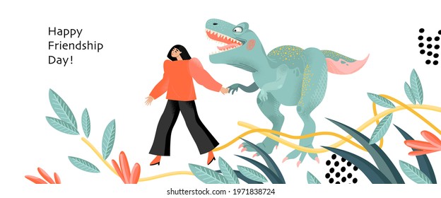 Girl with a dinosaur on the background of plants and decorative elements. Funny friendship day banner with cartoon characters