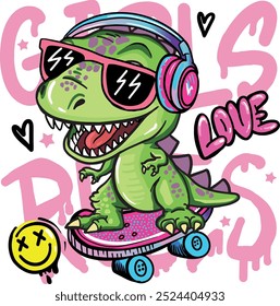  Mädchen Dinosaurier auf Skateboard. Typografie-Druck für Kinder. Originelles Design mit T-Rex, Dinosaurier. Druck für T-Shirts, Textilien, Umschlagpapier, Bahn. 