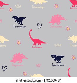 Girl dinosaur seamless pattern with funny monster with crown, flower, heart symbols on gray background. Animal print for school girl stuff. Stegosaurus, tyrannosaur, triceratops, brachiosaurus. 