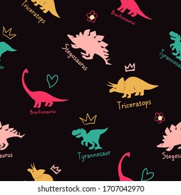 Girl dinosaur seamless pattern with funny monster with crown, flower, heart symbols. Animal print for school girl stuff on black background. Stegosaurus, tyrannosaur, triceratops, brachiosaurus.