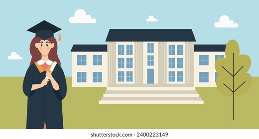 Girl with a Diploma in her hands in a Graduation Suit and Graduation Cap against the background of the University