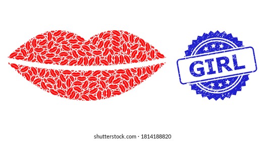 Girl dirty seal and vector recursive composition smile lips. Blue seal includes Girl title inside rosette. Vector collage is constructed with recursive rotated smile lips items.