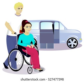 Girl With Disabilities In A Wheelchair And Boy, Car With A Ramp On Background