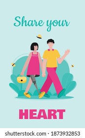 Girl with disability in happy couple - cartoon woman with prosthetic artificial leg walking in summer park with boyfriend and smiling. Flat vector illustration poster.