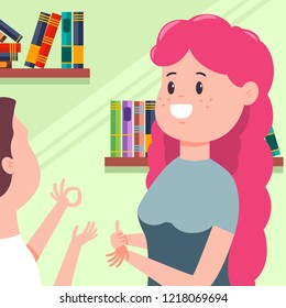 Girl with disability talking to a man sign language vector cartoon illustration.