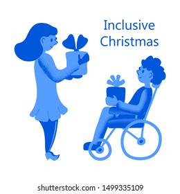 Girl and disabled boy in a wheelchair exchange gifts. Winter holiday vector illustration on white background. Relationship with disabled person concept. Inclusive friendship. Man and woman presents