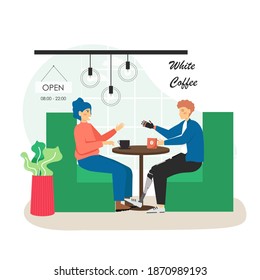 Girl and disabled man with prosthetic arm and leg meeting in cafe, flat vector illustration. Friends, colleagues drinking coffee, talking to each other sitting at table. Disabled person lifestyle.