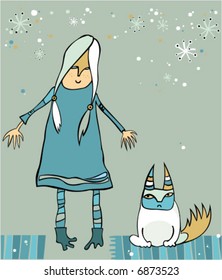 girl with disaffected cat - winter illustration