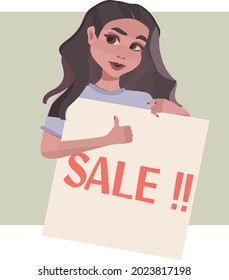 girl with discount poster, cartoon style, can be used with any of your advertising slogan