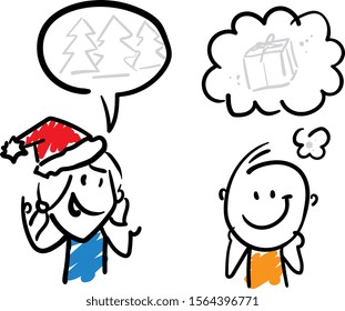 Girl discuss with boy new year and merry christmas presents. Doodle style vector illustration object isolated hand draw. Line art cartoon design character women and man with speech bubbles