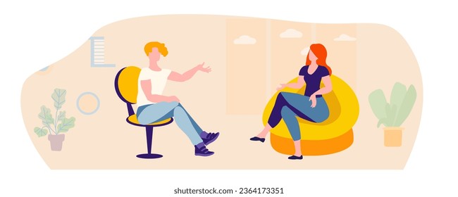 A girl is discussing with a guy in a room with a window. Friendly conversation. Interior, room, yellow. Vector illustration.