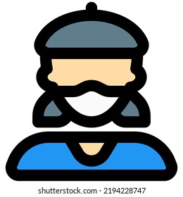 Girl in disguise with beret and face mask.