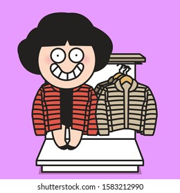 Girl Disguise In Sweaters Or Winter Clothes That Hang On A Shelf In A Branding Designer Clothes Store Concept Card Character illustration