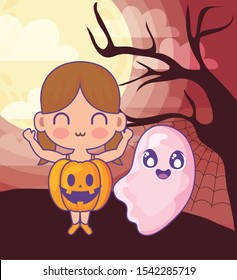 girl disguised of pumpkin with ghost vector illustration design