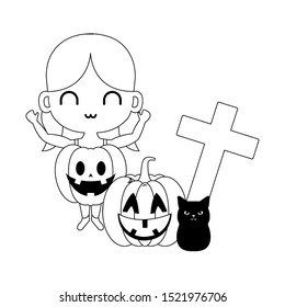 girl disguised as a pumpkin with icons halloween vector illustration design