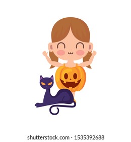 girl disguised as a pumpkin with icons halloween vector illustration design