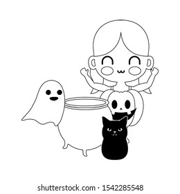 girl disguised as a pumpkin with icons halloween vector illustration design