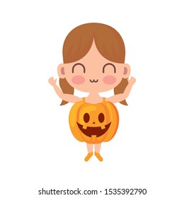 girl disguised as a pumpkin on white background vector illustration design