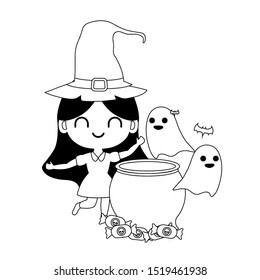 girl disguised as a witch with icons halloween