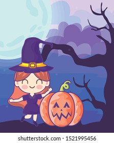 girl disguised of witch on halloween scene vector illustration design