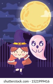 girl disguised of witch on halloween scene vector illustration design