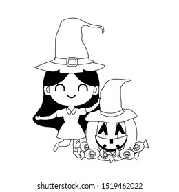 girl disguised as a witch and pumpkin with treats