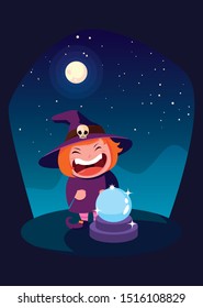 girl disguised as a witch in scene of halloween