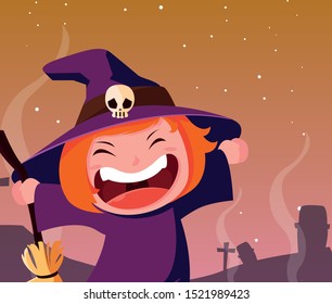 girl disguised as a witch in scene of halloween vector illustration design