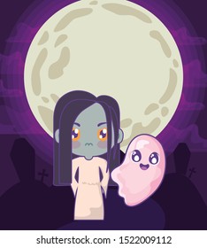 girl disguised as a zombie with ghost vector illustration design