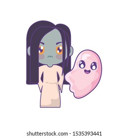girl disguised as a zombie with ghost vector illustration design