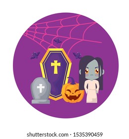girl disguised as a zombie with icons halloween vector illustration design