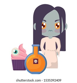 girl disguised as a zombie with icons halloween vector illustration design