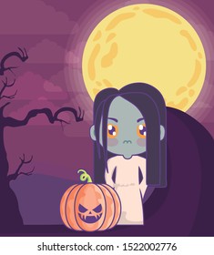 girl disguised as a zombie on halloween scene vector illustration design