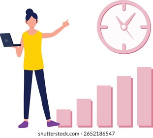 The girl is displaying an analytic graph, examining data points and trends with focused attention