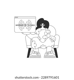 Mädchen mit einem IoT-Logo in Vektorlinedesign