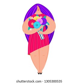 Girl with disproportionate figure holds bouquet of flowers. Flat design. Trendy style. Body positive. Woman in dress. This can be used for greeting card, banner, poster, cover, brochure. Vector, eps10