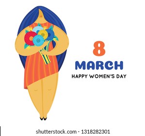 Girl with disproportionate figure holds bouquet of flowers. Flat design. Trendy style. 8 March. Happy women's day. This can be used for greeting card, banner, poster, invitation, brochure. Vector