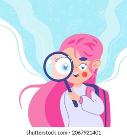 Girl. Distance learning. Schoolgirl with a backpack and a magnifying glass. Research and gaining knowledge. Physics. Banner. Vector stock illustration. Child and Science. School. Preparing for college