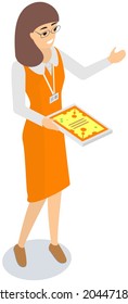 Girl distributes leaflets, flyers on white background. Leafleting, advertising campaign. Work in advertising company, promotion. Female promoter is sharing leaflet fliers with advertisement