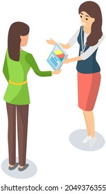 Girl Distributes Leaflets, Flyers On White Background. Leafleting, Advertising Campaign. Promoter, Distributor Advertises. Female Promoter Is Giving Leaflet Flier With Advertisement To Woman