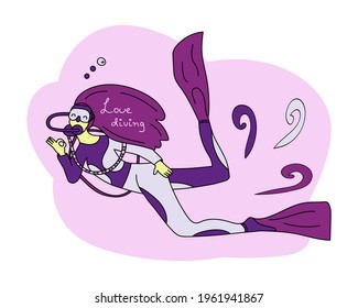 A girl diver in a mask and fins, in a lilac suit shows the Okay sign on abstract shape. Lettering I love diving. Vector illustration for printing on a t-shirt, package, banner, diving advertising.