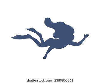 Girl diver silhouette, flat vector illustration on white background. Black spot in the shape of snorkeling young woman in flippers underwater. Design element for diving and underwater sports.