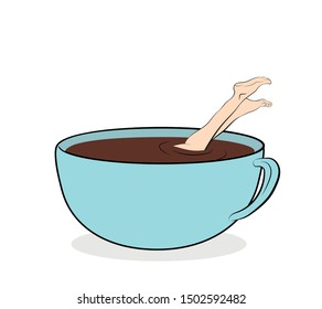 girl dives into a cup with coffee. the need for vigor. coffee to improve performance. vector illustration.