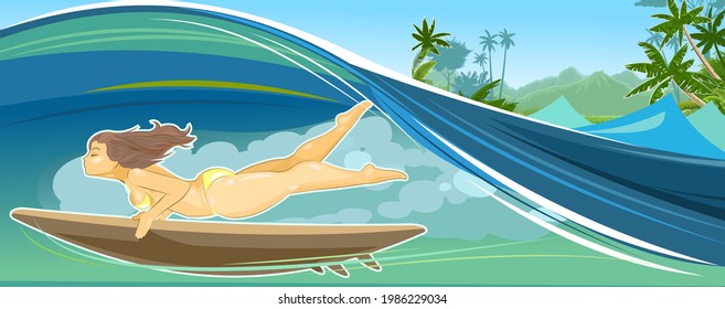 The girl dives into the wave with a surfboard. Flat style. Sea water. Against the backdrop of a tropical landscape with palm trees and mountains and sky. Vector.