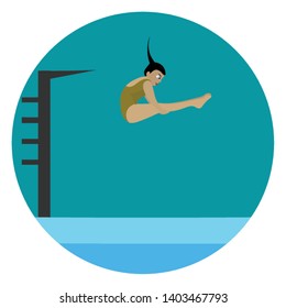 A girl diving from a height into the swimming pool , vector, color drawing or illustration.