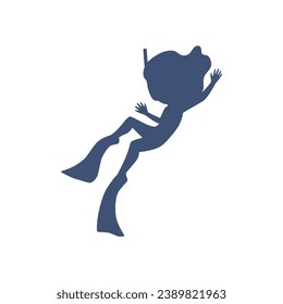 Girl in diving mask, snorkel and flippers swimming silhouette isolated on white background. Cartoon snorkeler kid. Underwater scuba snorkeling activity vector outline illustration
