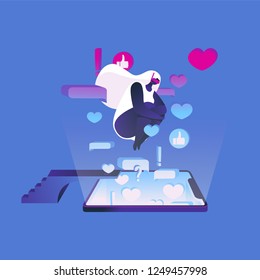 Girl in diving mask and swimsuit jumping in screen of smartphone, filled with likes, hearts, messages. Flar contemporary illustration on blue color in bright gradients dor mobile internet banner or ad